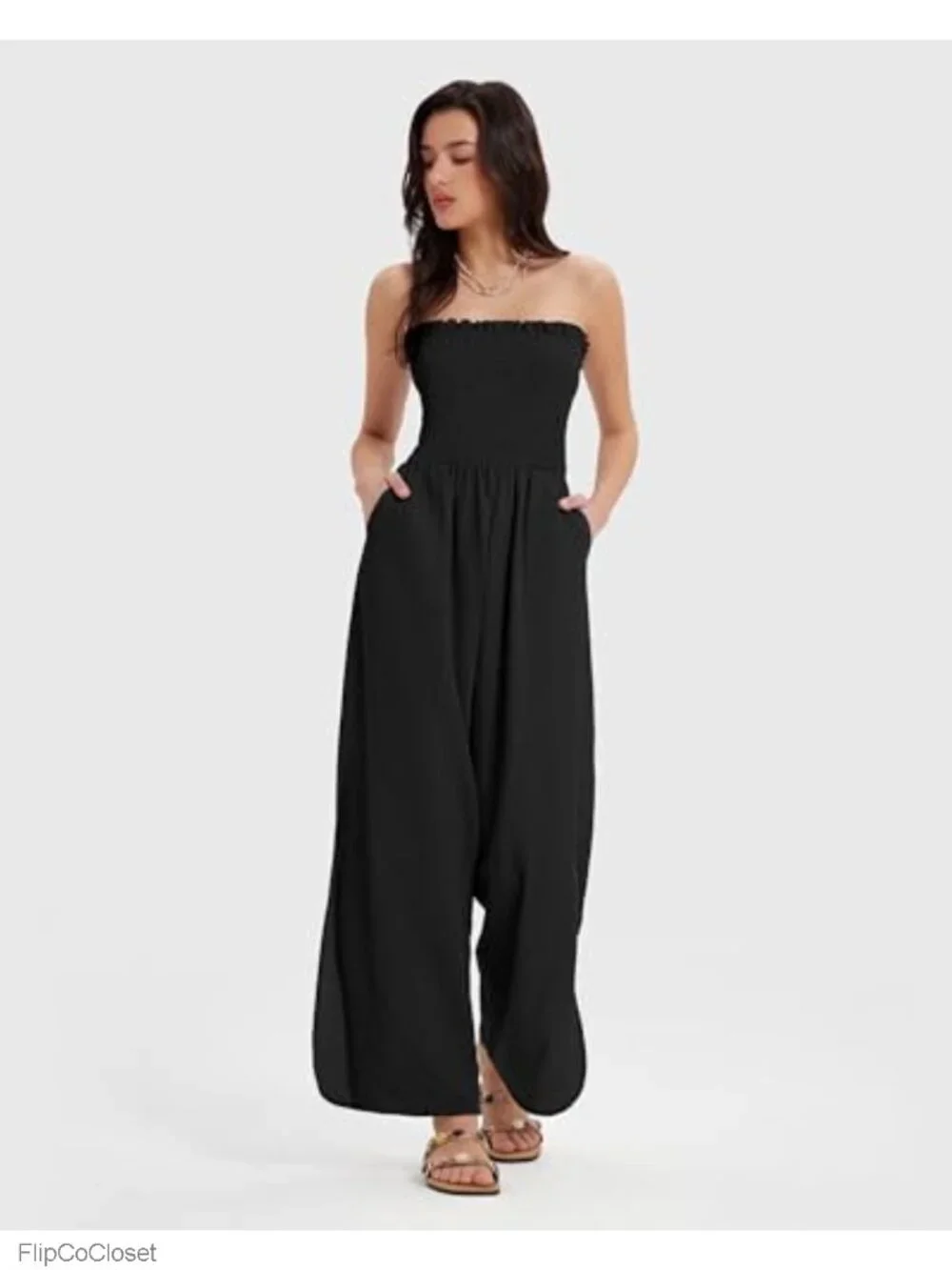 Women's Linen Blend Strapless Wide Leg Jumpsuit Romper Resort Vacation